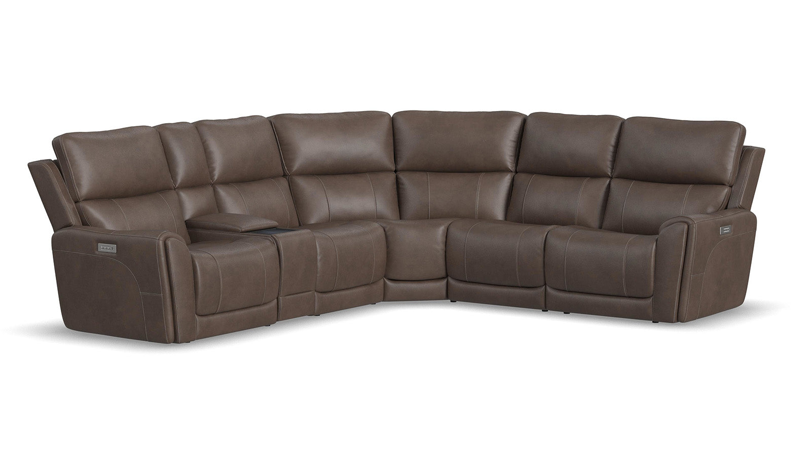 A large brown power reclining sectional sofa with a contemporary design, including flared arms and heavy thread stitching.