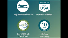 Product features including adjustable-friendly, made in the USA, CertiPUR-US certified, and 10-year warranty on a green gradient background.