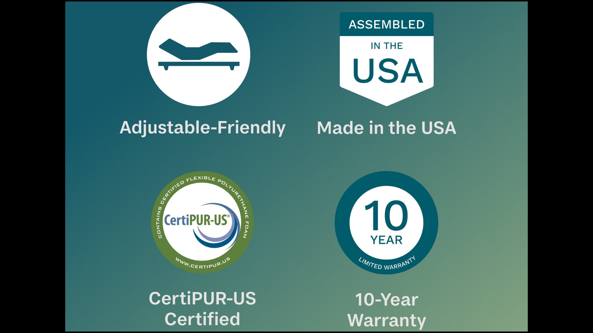 Product features including adjustable-friendly, made in the USA, CertiPUR-US certified, and 10-year warranty on a green gradient background.