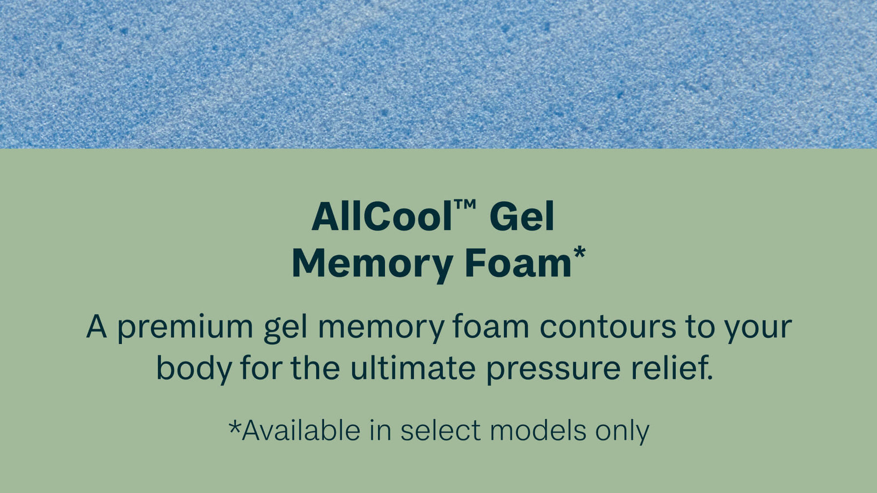 Close-up of AllCool Gel Memory Foam with text on a blue and green background