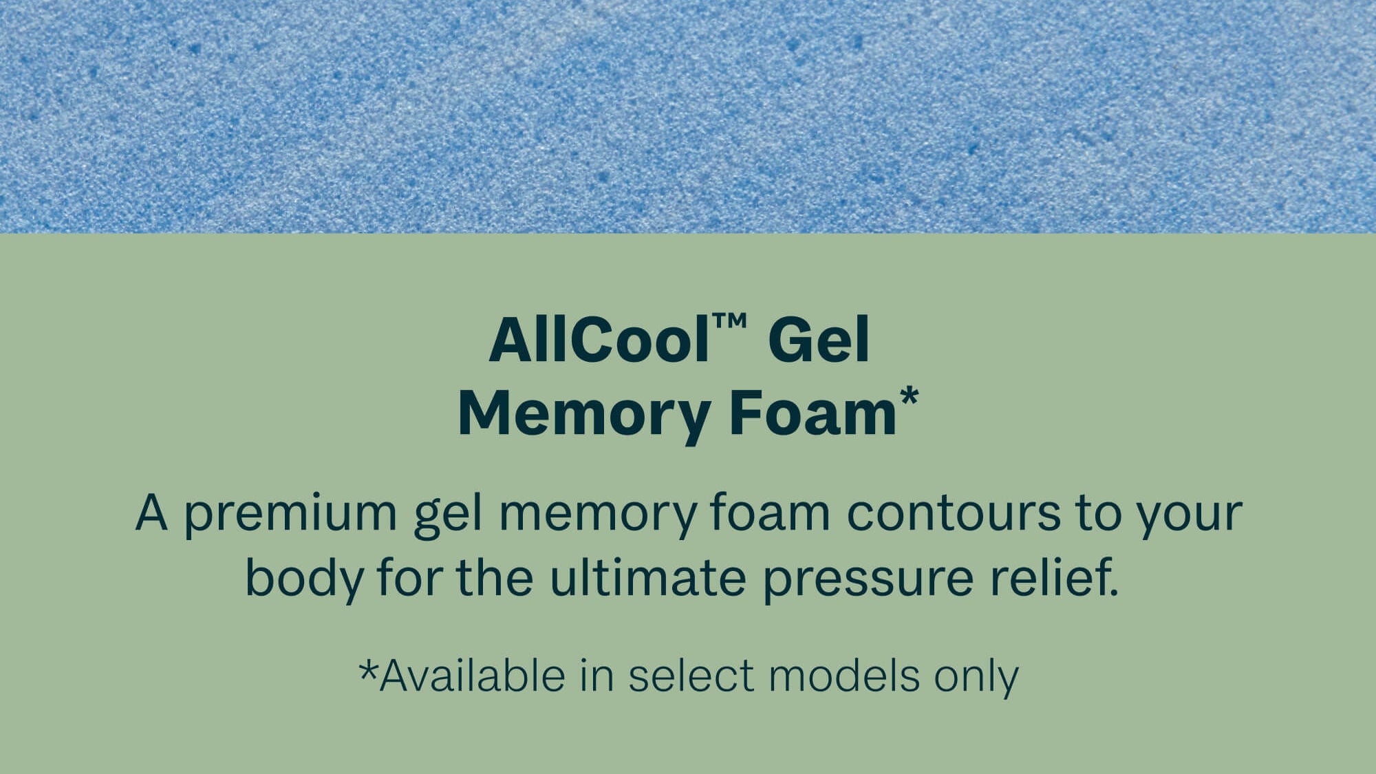 Close-up of AllCool Gel Memory Foam with text on a blue and green background