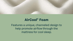 Close-up of AirCool foam with text explaining its design for cool sleep.