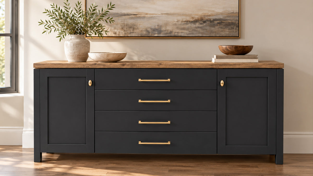 A dark charcoal sideboard cabinet with a light brown wood top, featuring four drawers with gold bar handles and two cabinet doors with small gold knobs. The cabinet is styled in a room setting with a vase of greenery, bowls, and a framed painting on the wall.