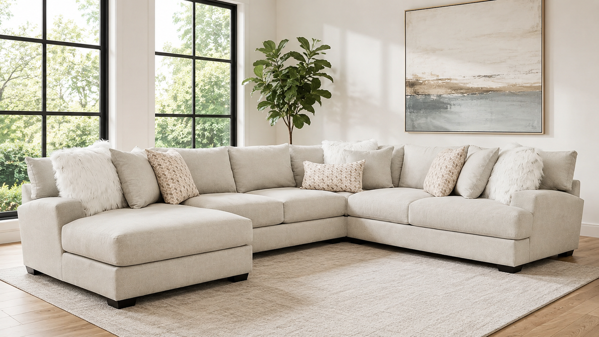 A light beige sectional sofa with a chaise lounge, styled with textured throw pillows in a bright, modern living room with large windows and a neutral rug.