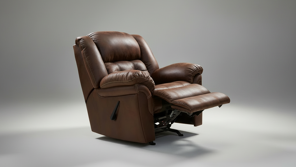 A brown  recliner chair with the footrest extended, shown against a plain white background.