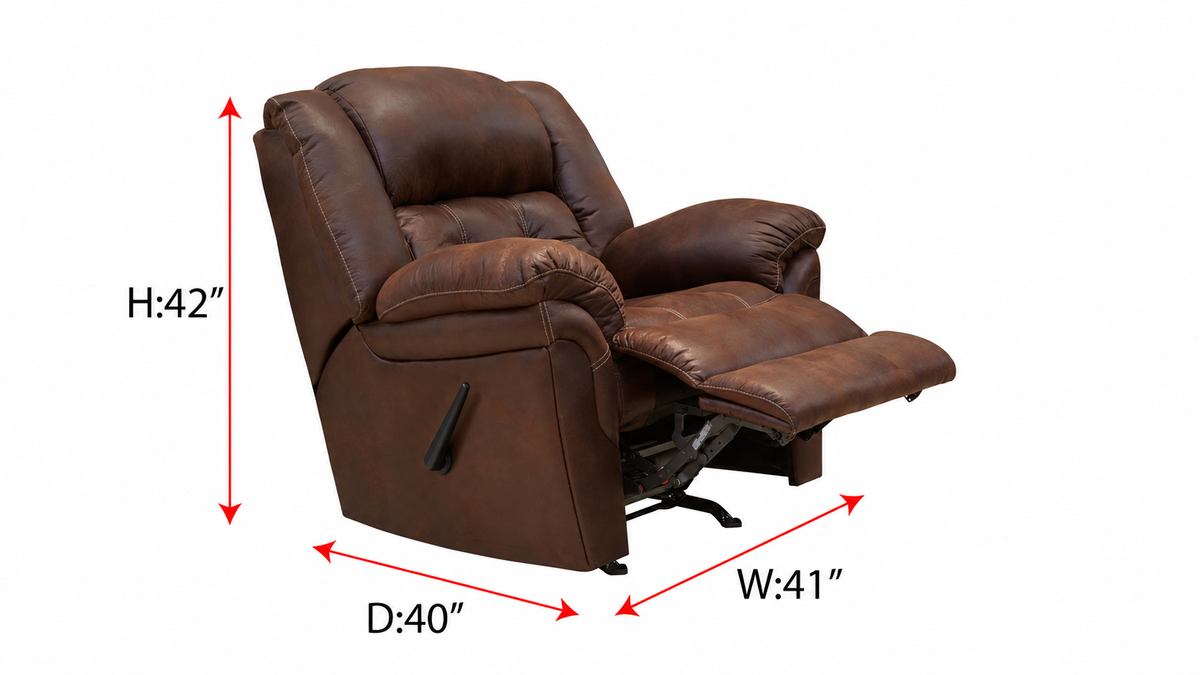 Brown  recliner chair shown on a white background with red dimension arrows and labels indicating height 42 inches, depth 40 inches, and width 41 inches.