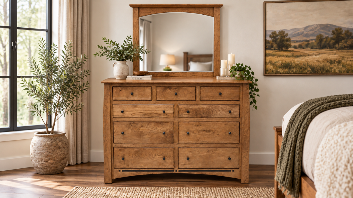 dresser and mirror in bedroom