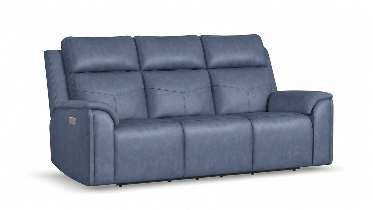 A three-seat power reclining sofa upholstered in textured blue fabric, shown from a three-quarter angle on a white background.