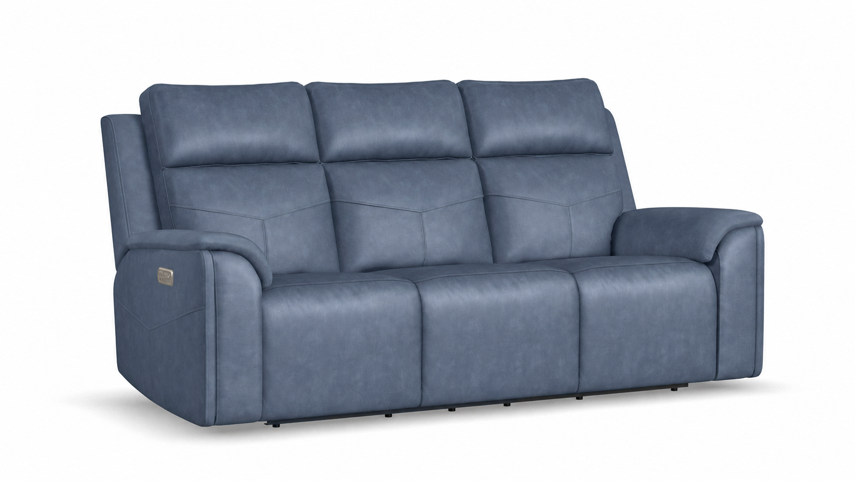 A three-seat power reclining sofa upholstered in textured blue fabric, shown from a three-quarter angle on a white background.