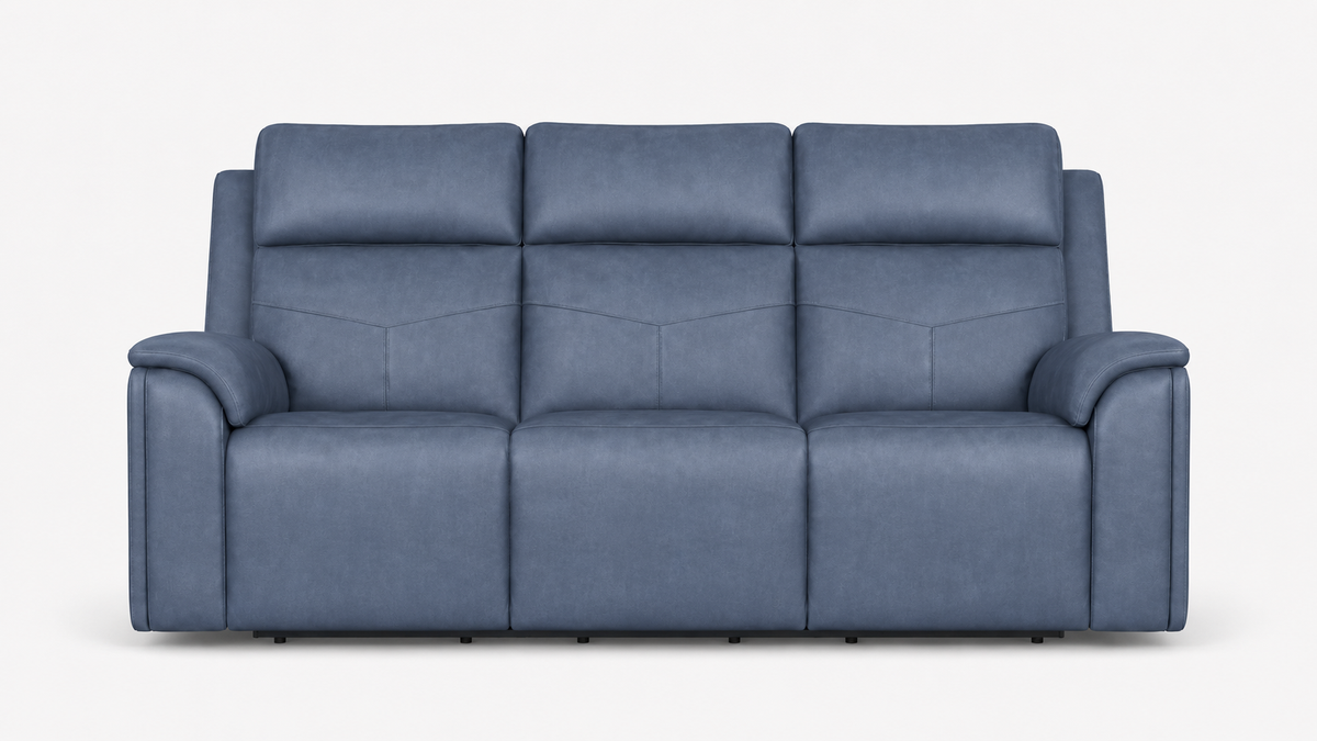 A three-seat power reclining sofa upholstered in textured blue fabric, shown from a front-facing perspective against a plain white background.