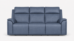 A three-seat power reclining sofa upholstered in textured blue fabric, shown from a front-facing perspective against a plain white background.