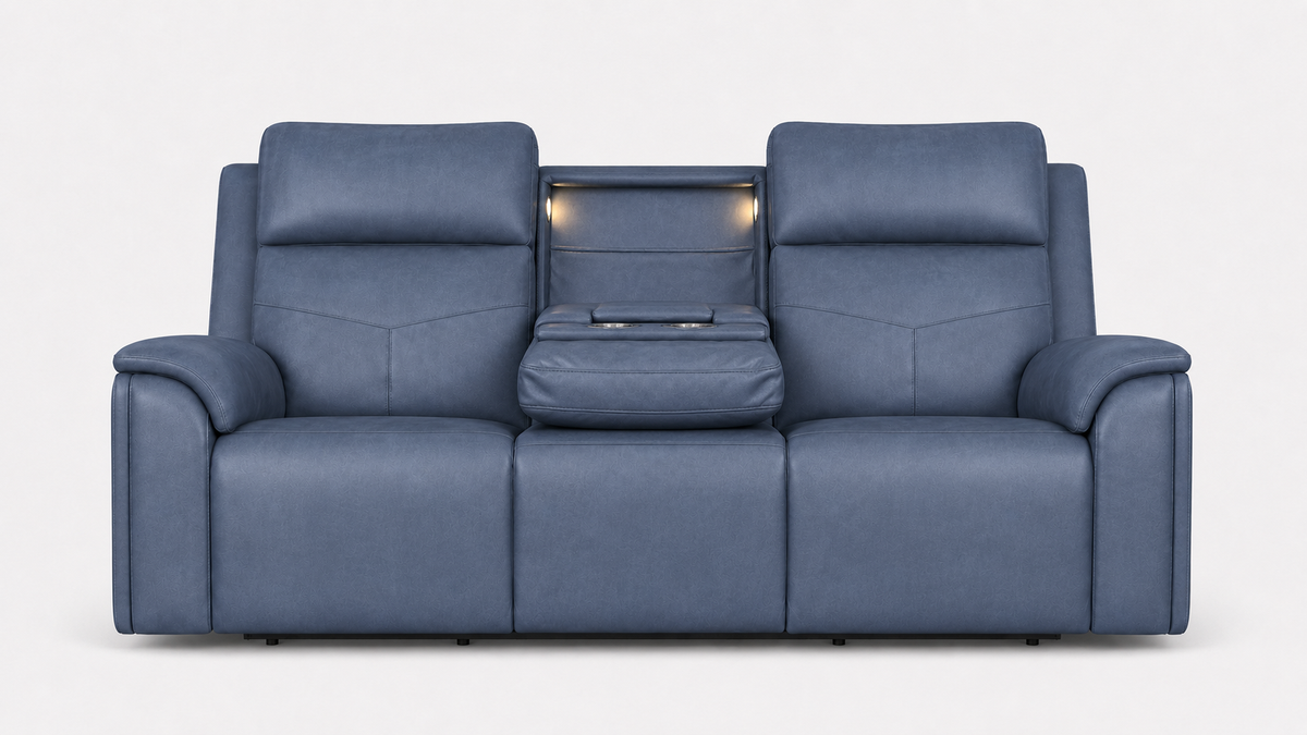 A blue leather reclining loveseat with a center console table and built-in lighting, shown against a plain light gray background.