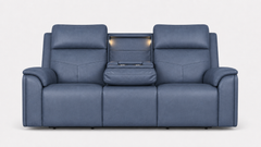 A blue leather reclining loveseat with a center console table and built-in lighting, shown against a plain light gray background.