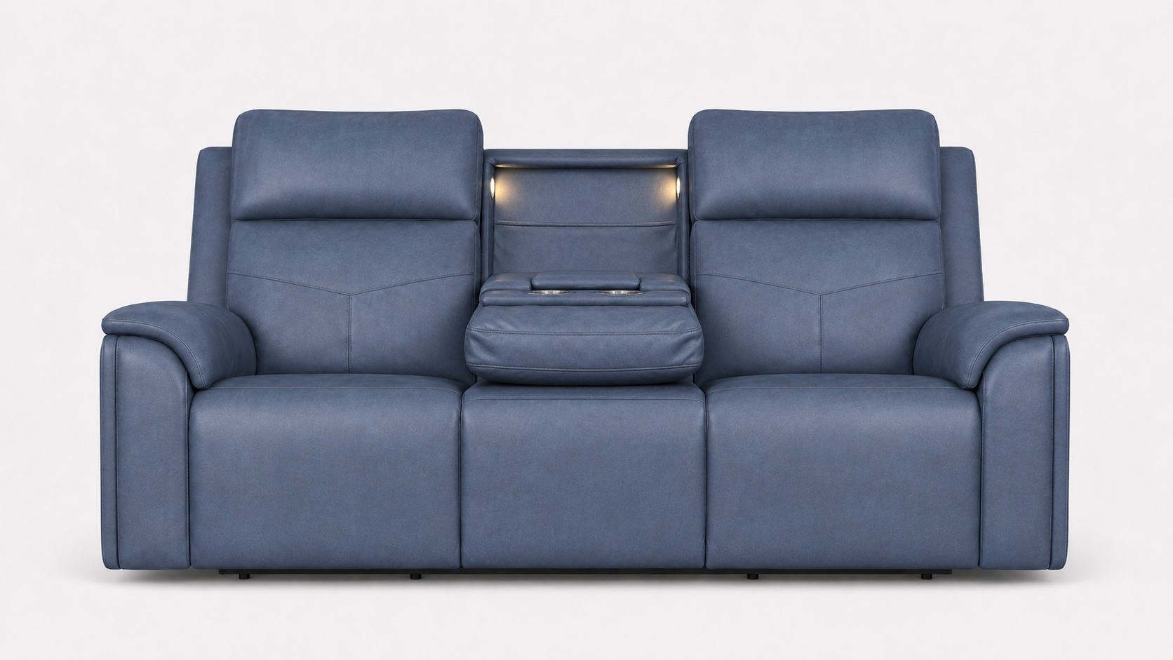A blue leather reclining loveseat with a center console table and built-in lighting, shown against a plain light gray background.