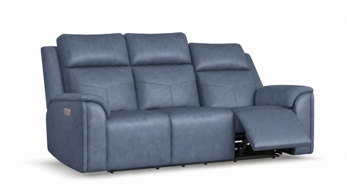 A three-seat power reclining sofa upholstered in textured blue fabric, shown with the rightmost seat reclined against a clean white background.