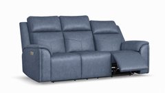 A three-seat power reclining sofa upholstered in textured blue fabric, shown with the rightmost seat reclined against a clean white background.