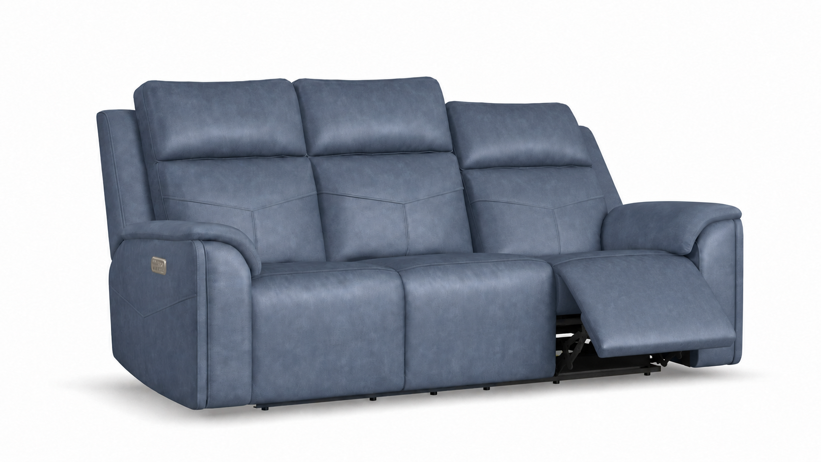 A three-seat power reclining sofa upholstered in textured blue fabric, shown with the rightmost seat reclined against a clean white background.