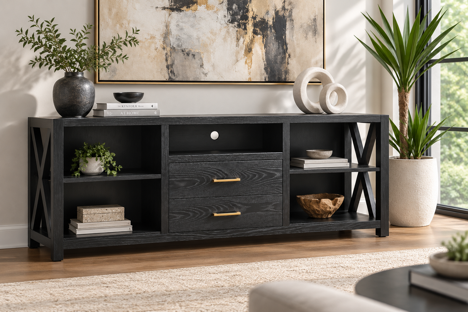 A black wood TV stand or media console with two drawers and open shelving, styled in a bright living room with plants, books, and wall art.