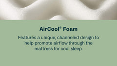 Close-up of AirCool foam with text describing its design for cool sleep.
