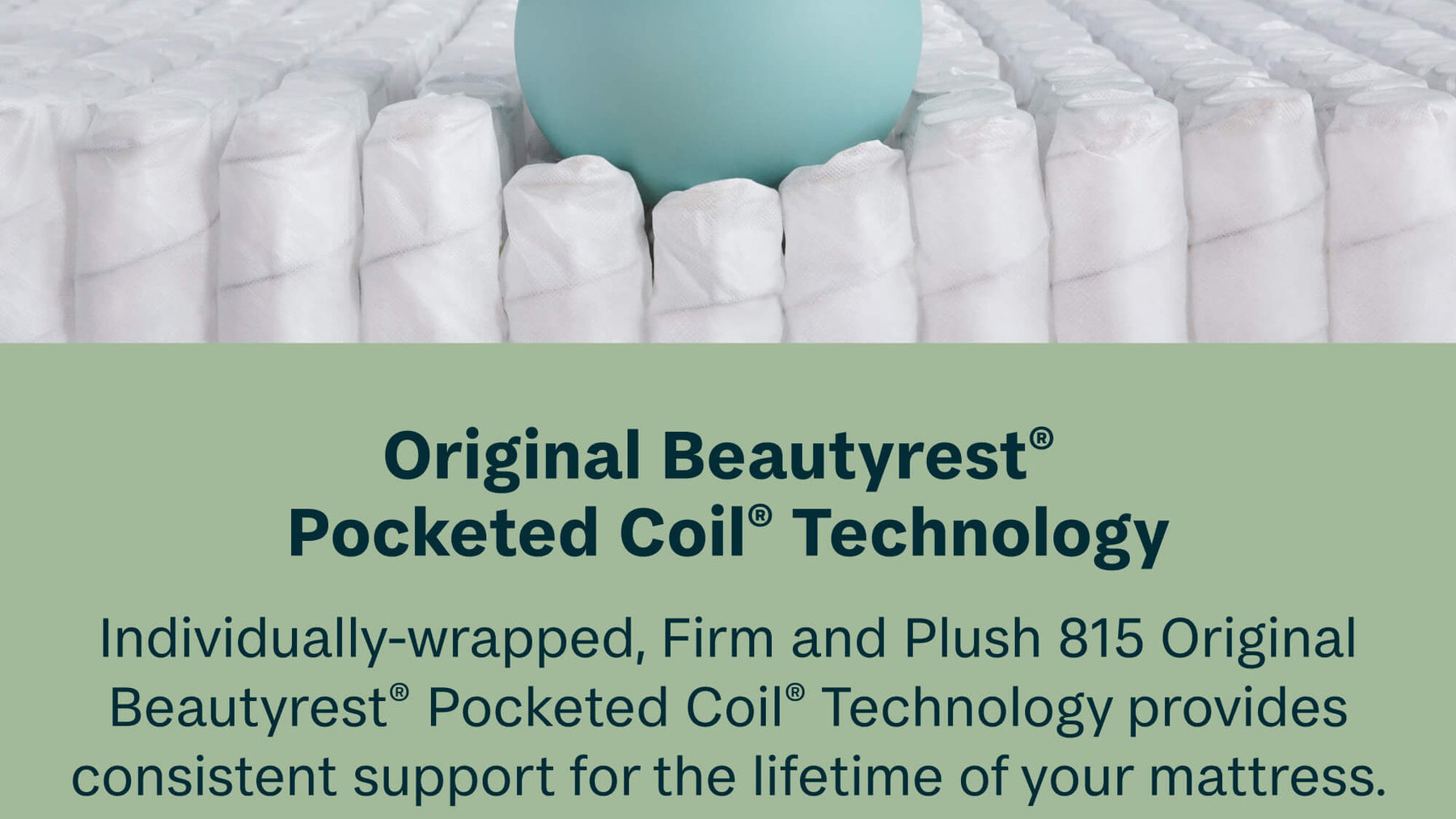 Person holding a teal kettlebell on a mattress with text about Beautyrest Pocketed Coil Technology.