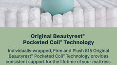 Person holding a teal kettlebell on a mattress with text about Beautyrest Pocketed Coil Technology.