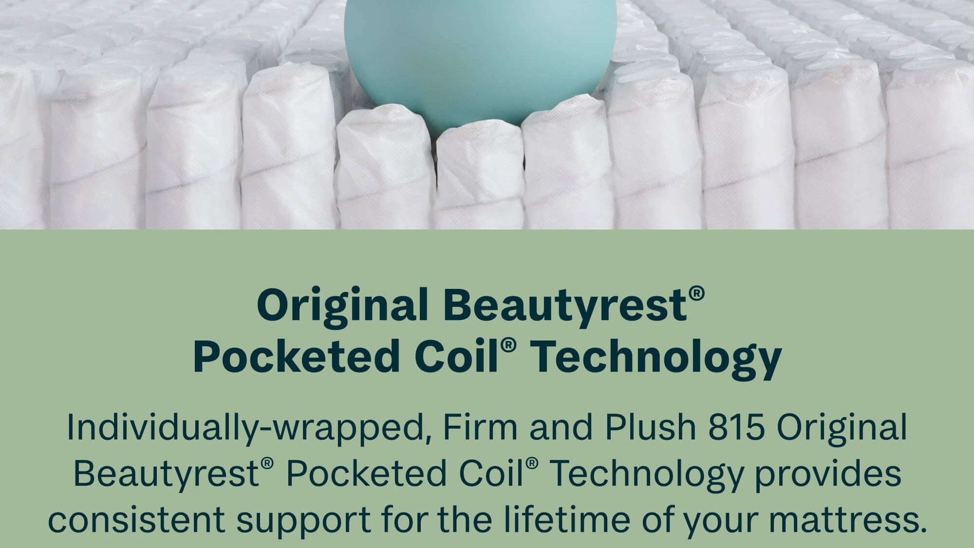 Person holding a teal kettlebell on a mattress with text about Beautyrest Pocketed Coil Technology.