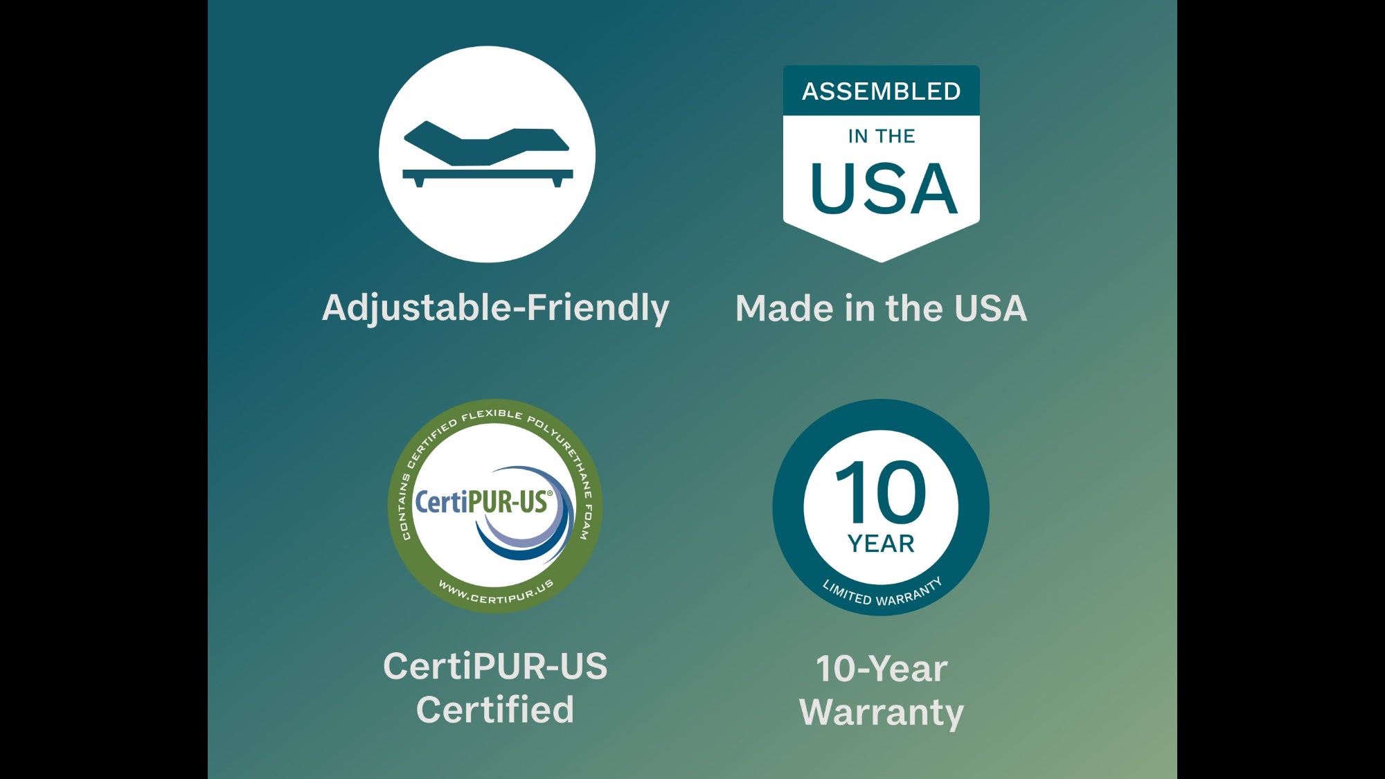 Product features including adjustable-friendly, made in the USA, CertiPUR-US certified, and 10-year warranty on a green gradient background.