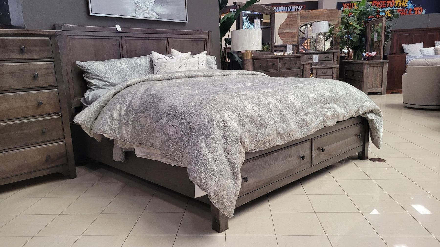 King Size Cool Farmhouse Gray Panel Storage Bed Frame