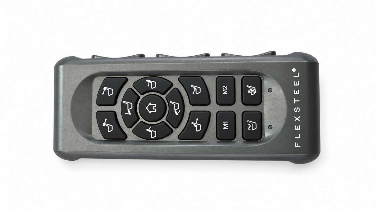 A gray and black Flexsteel wireless controller with a directional pad and labeled buttons, shown on a white background.