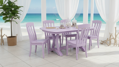 Purple dining table set with four chairs on a white background