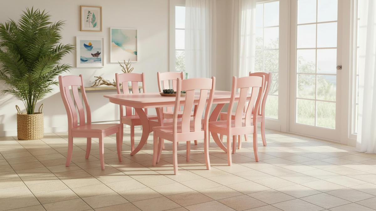 Pink dining table set with six chairs on a white background