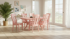 Pink dining table set with six chairs on a white background