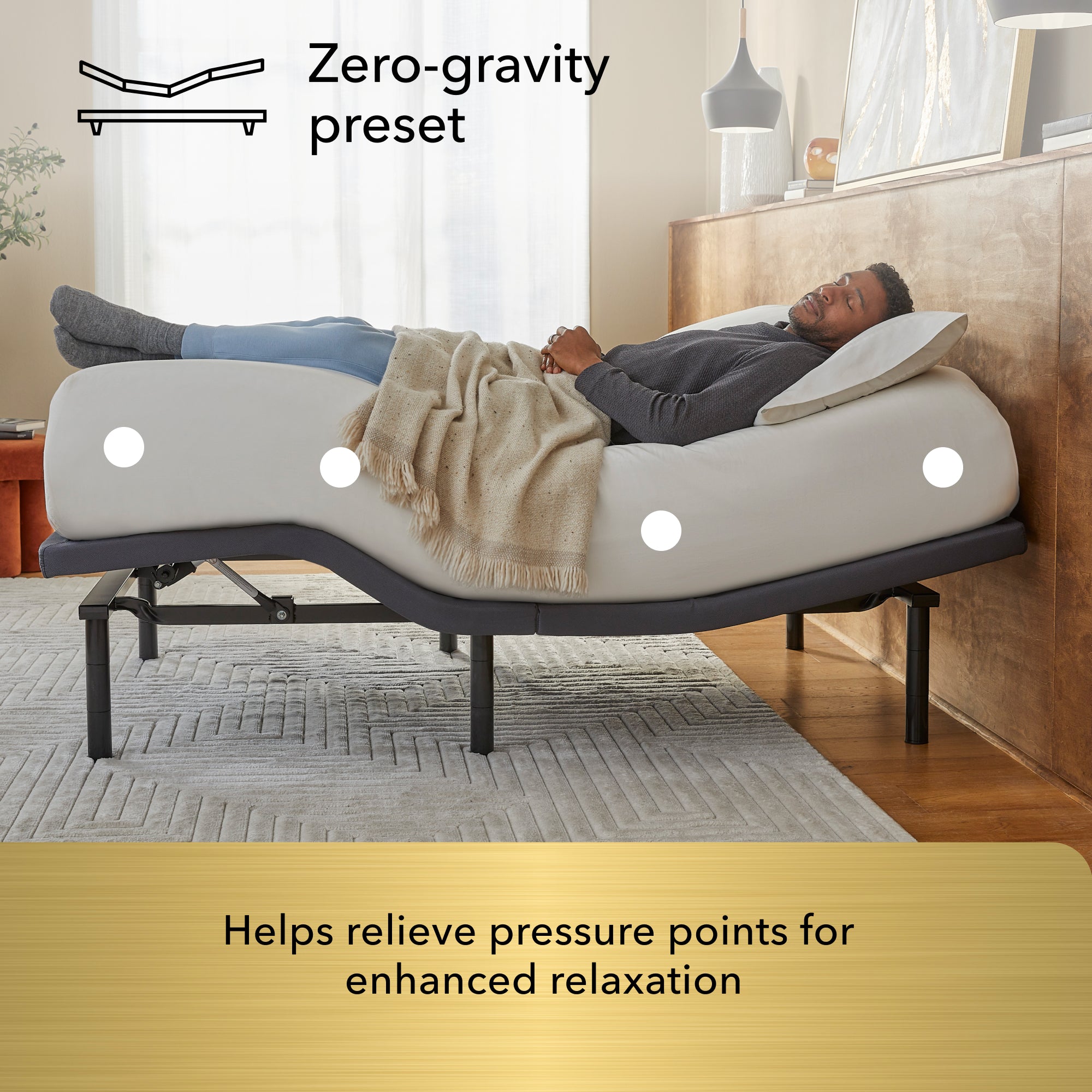 Gold BaseLogic Adjustable Base Split Head King – 3-in-1 Legs | Single Massage, Zero-Gravity & Underbed Lighting