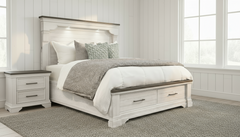 Bedroom with a wooden bed and matching nightstands in a well-lit room.