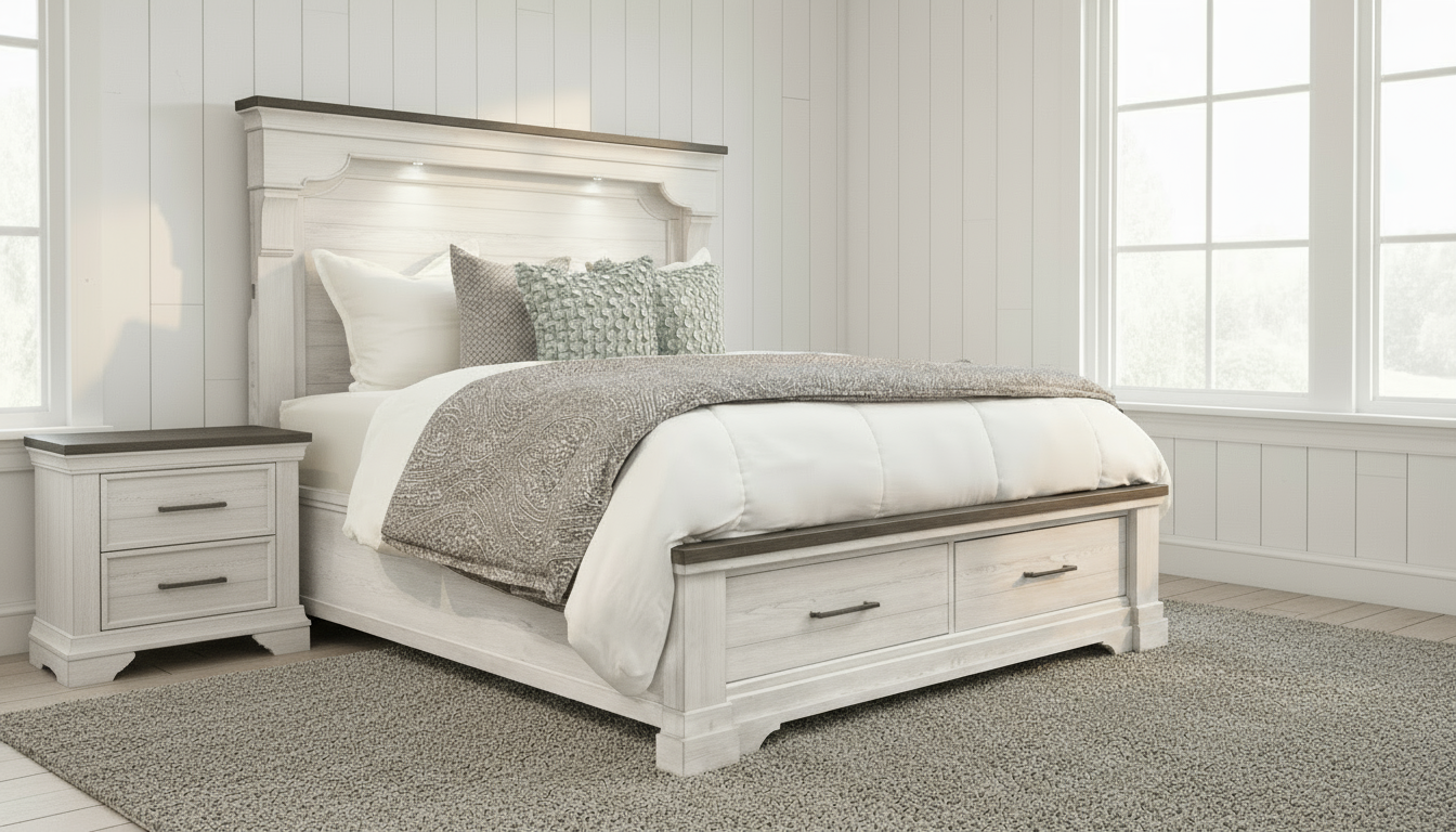 Bedroom with a wooden bed and matching nightstands in a well-lit room.