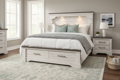 High Plains Queen Storage Bed styled in master bedroom with matching nightstands and reading lights