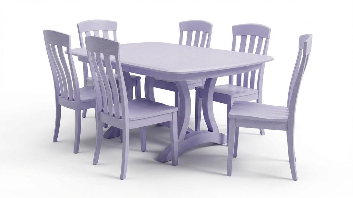 Purple dining table set with six chairs on a white background
