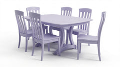Purple dining table set with six chairs on a white background