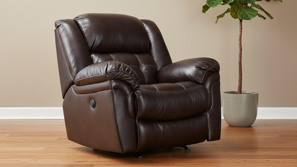 Sillón reclinable manual «Rocker» Achieve en cuero marrón oscuro – Sillón tapizado para salón fabricado en EE. UU. | Gallery Furniture