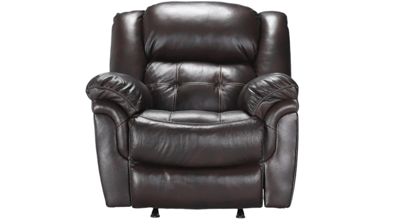 Sillón reclinable manual «Rocker» Achieve en cuero marrón oscuro – Sillón tapizado para salón fabricado en EE. UU. | Gallery Furniture