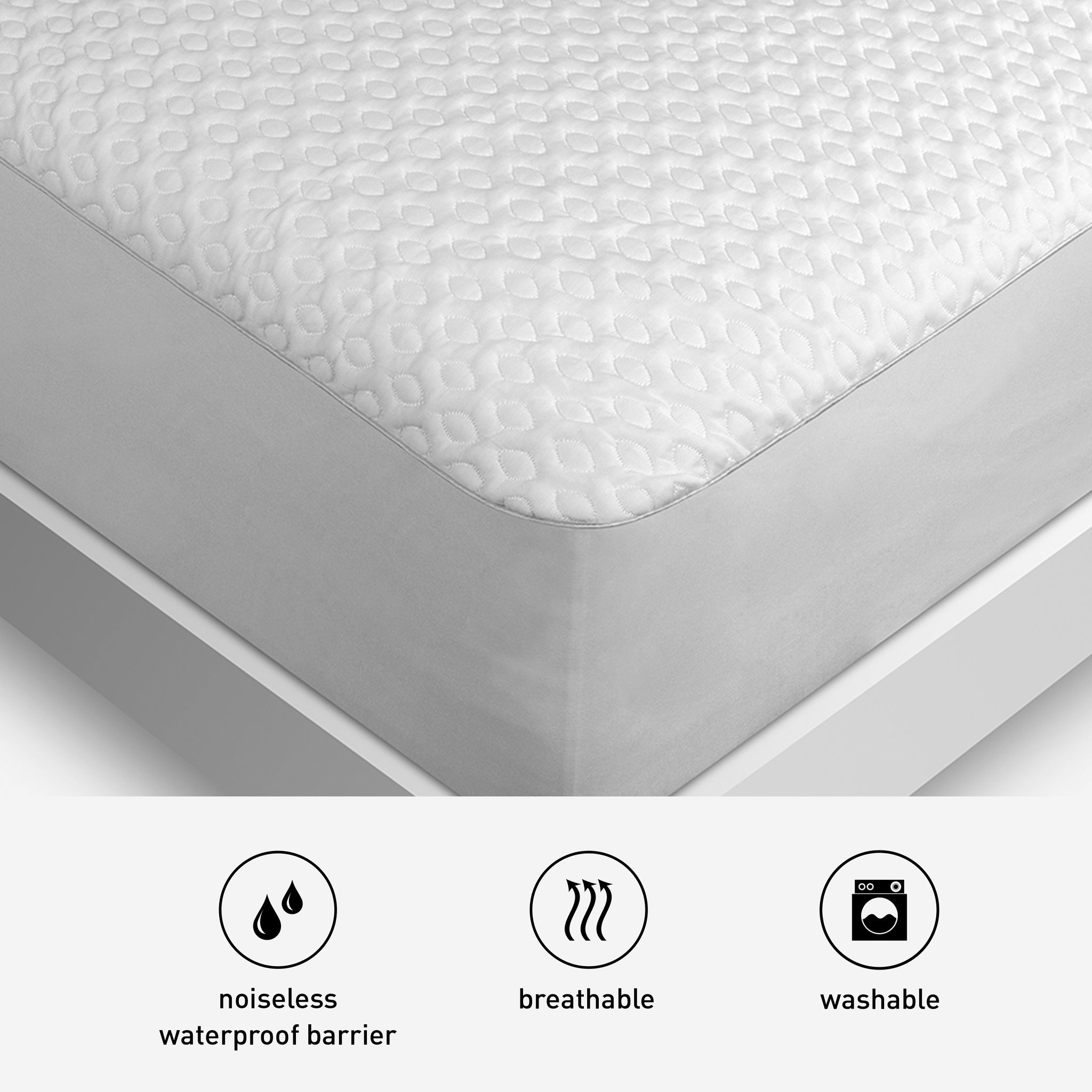 Mattress protector with textured surface on a bed, featuring icons for noiseless, waterproof barrier, breathable, and washable properties.