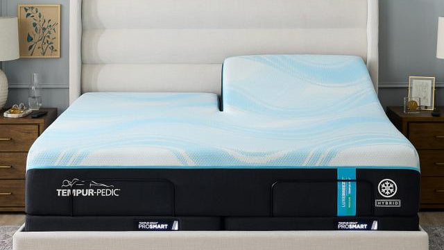 Tempur-Pedic mattress on a bed with a gray headboard and nightstands.