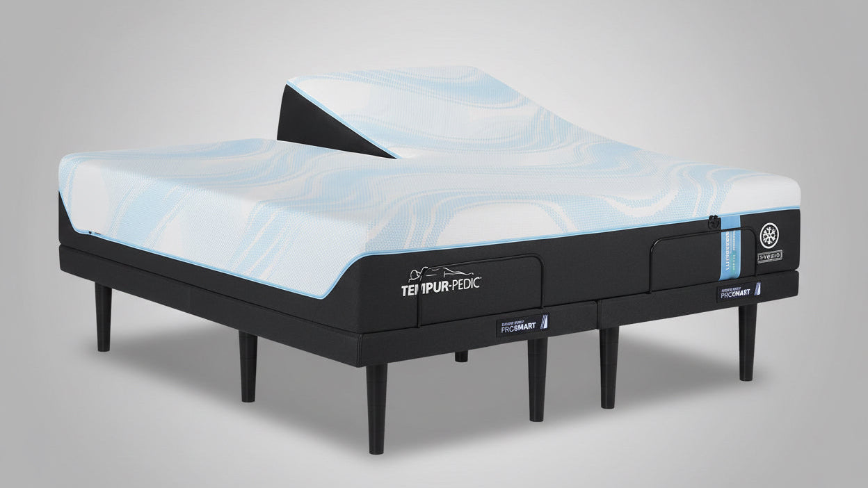 Teilipur-Pedic adjustable bed with blue mattress on a white background
