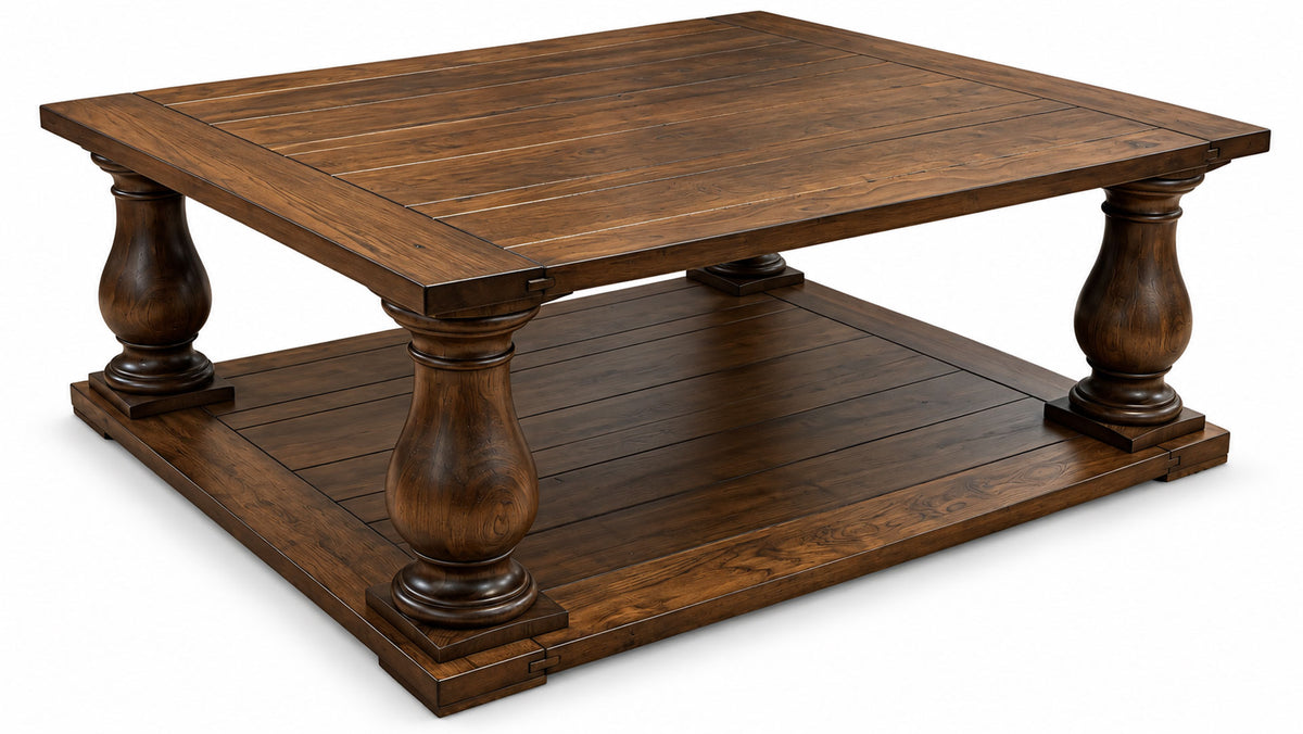 A rustic dark brown wooden coffee table with a raised rectangular top, four turned legs, and a matching lower shelf, shown on a white background.