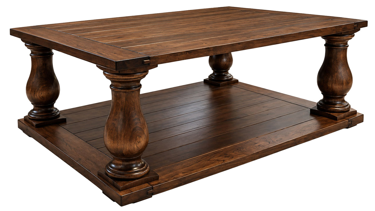 A rustic dark brown wooden coffee table with a slatted top, four turned pedestal legs, and a matching lower shelf, shown on a plain white background.