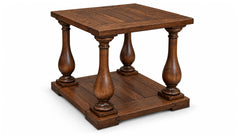 A square wooden end table with four turned baluster legs and a lower shelf, shown on a plain white background.