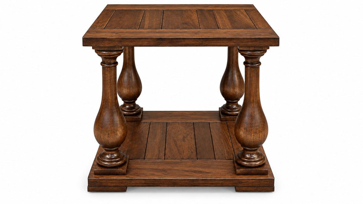 A square wooden end table with a rich medium-brown finish, featuring four turned legs, a slatted top, and a matching lower shelf, shown against a plain white background.