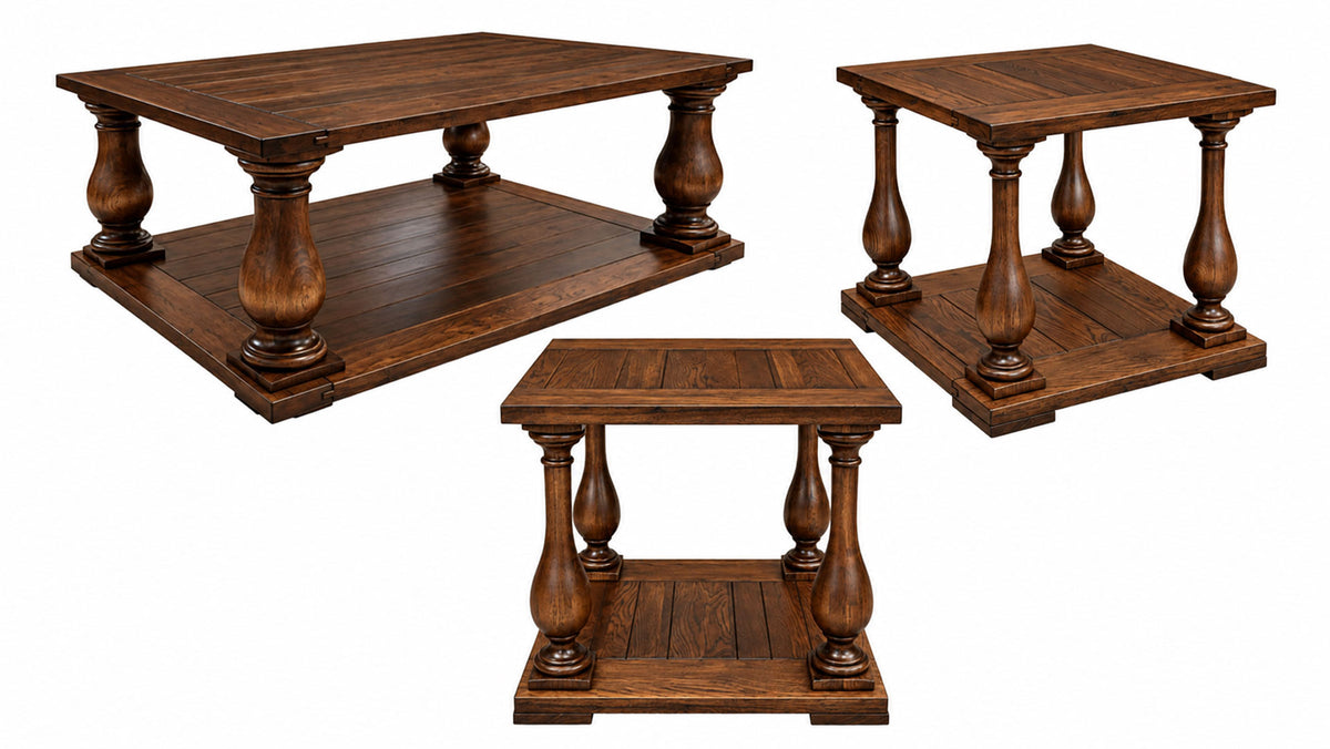 Three-piece dark brown wooden furniture set including a coffee table and two end tables, shown on a plain white background.