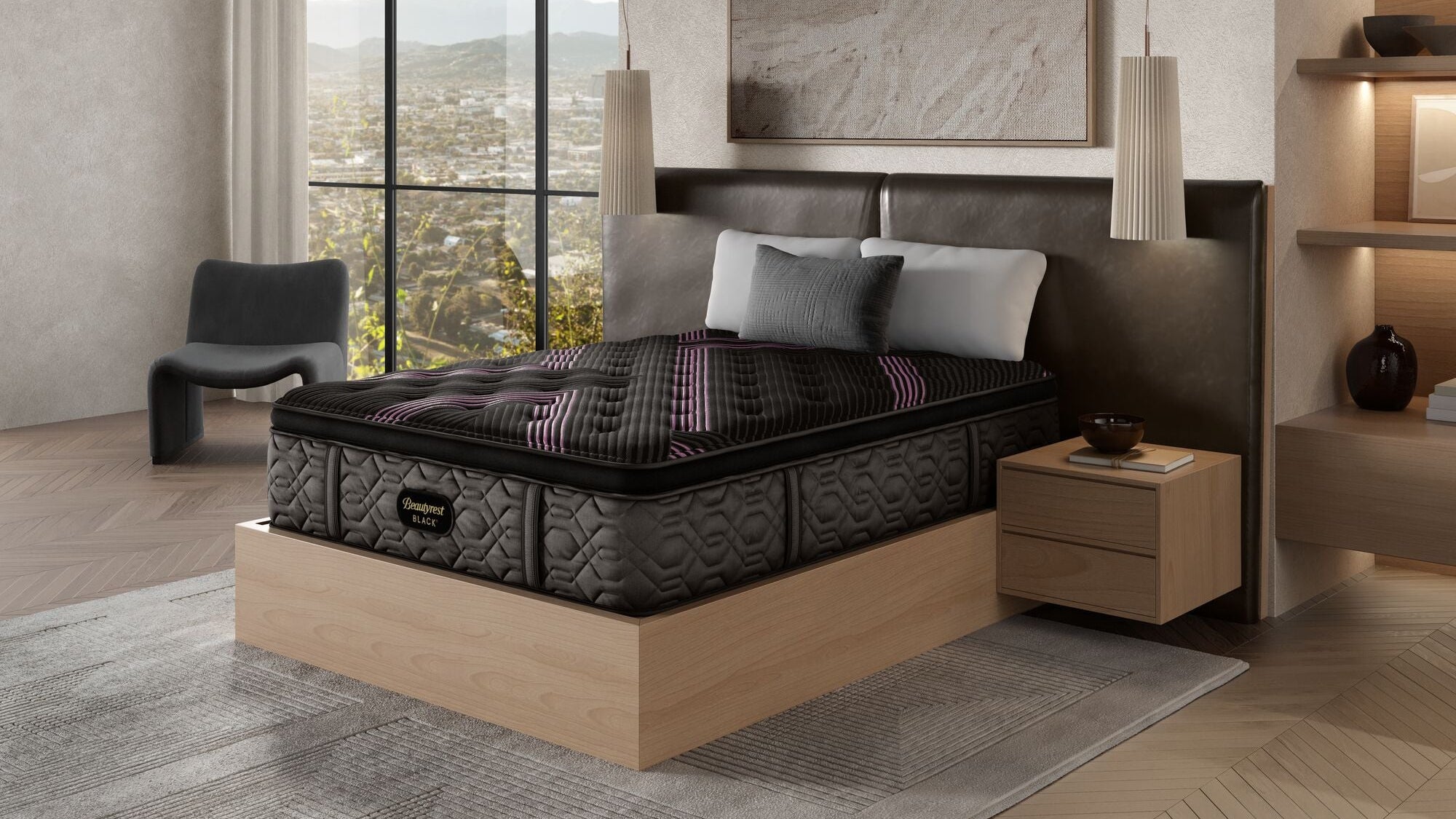 A queen size Beautyrest Black Series 2 Plush Pillowtop Mattress in a bedroom setting, featuring a plush top with a patterned design and a supportive base structure.