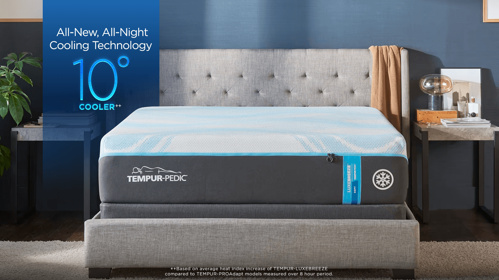 "Side view of the TEMPUR-LuxeBreeze 2.0 Soft Mattress showcasing the 13-inch depth and cooling technology"